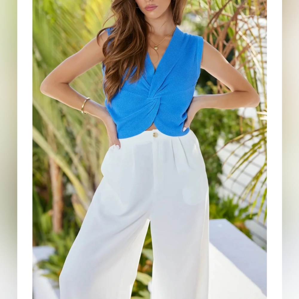 NWT Bishop + Young Lagos Twist Front Sweater Ribbed Short Capri Blue XS-S-M-L